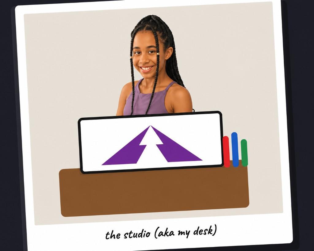 McKenzie smiling at her art desk, with a mountain drawing and markers